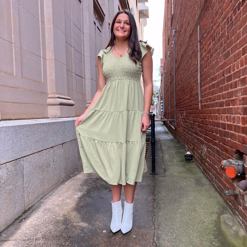 Maxi Green Flutter Sleeve Dress