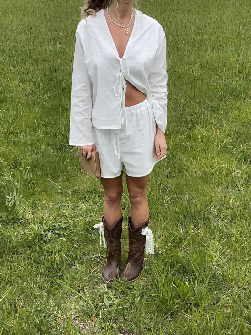 Women Linen Lace up Top